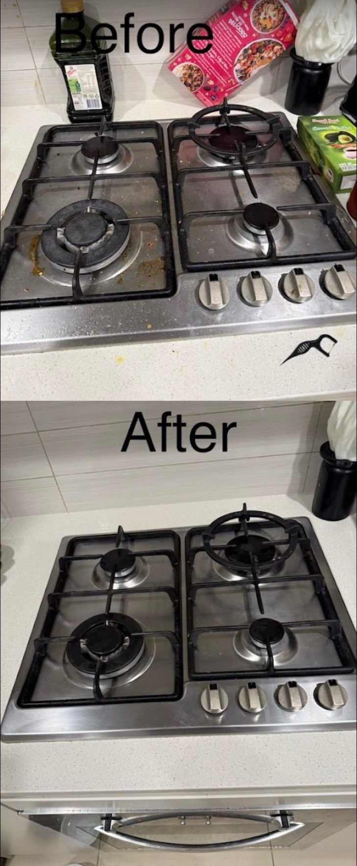 Commercial stovetop before and after a 3 Wave Cleaning degrease
