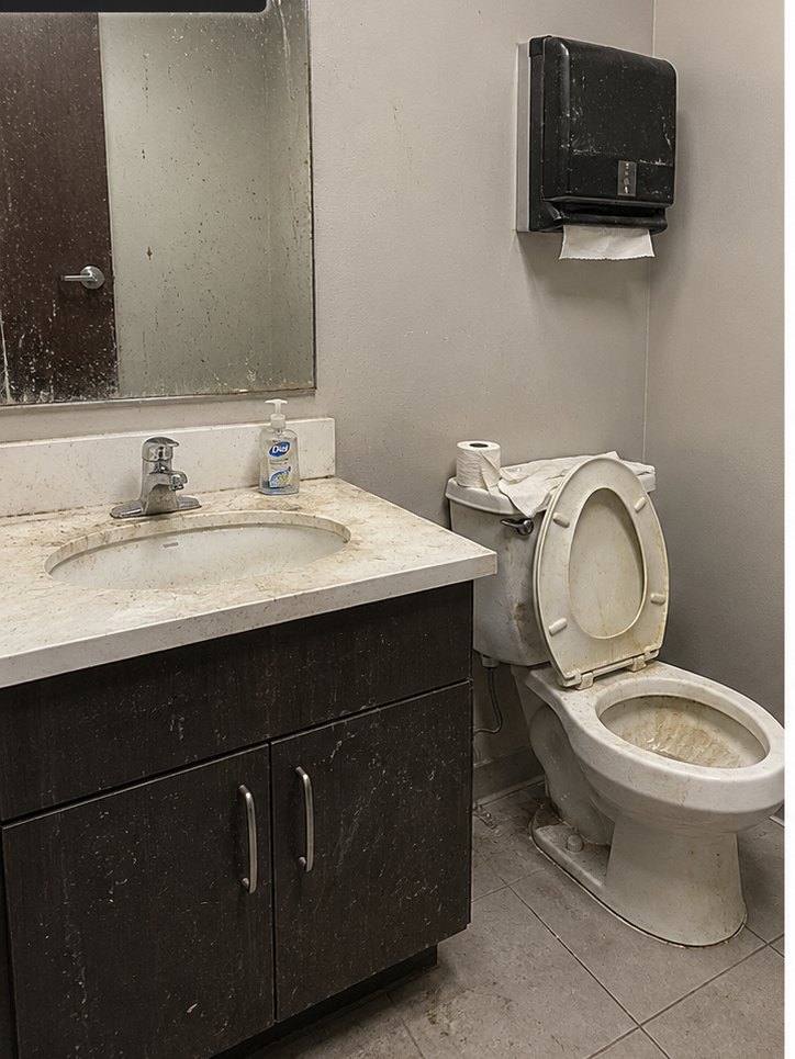 Dirty office bathroom before cleaning