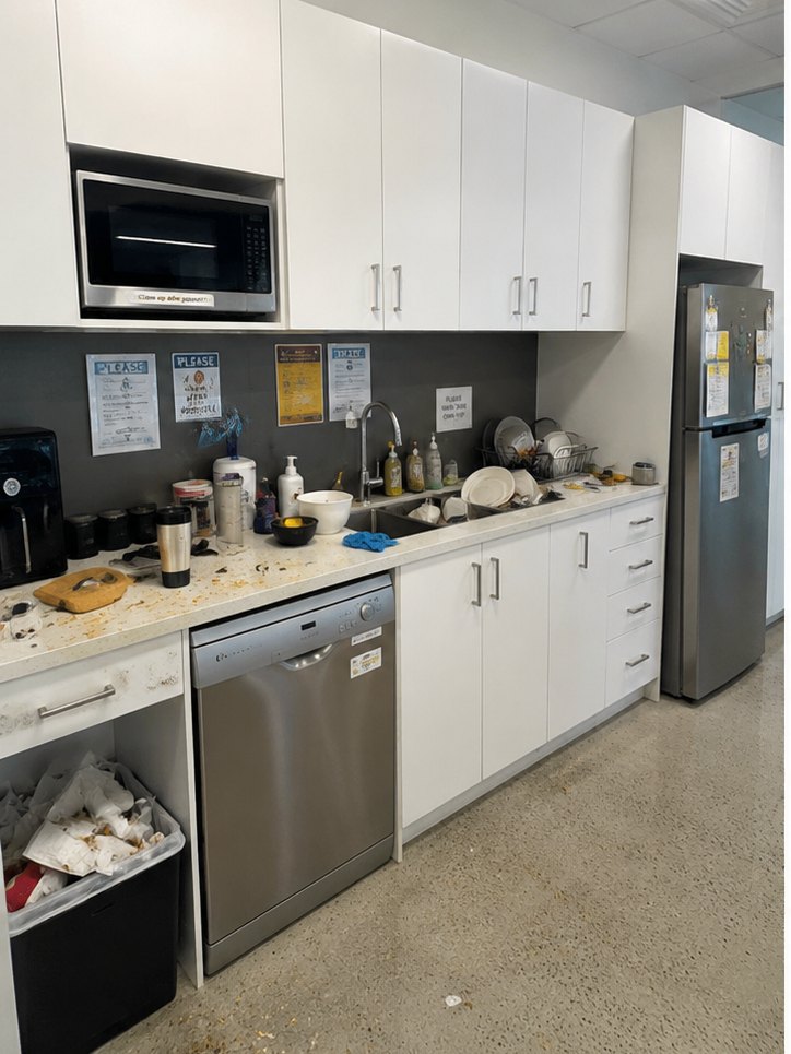Messy office kitchen before cleaning