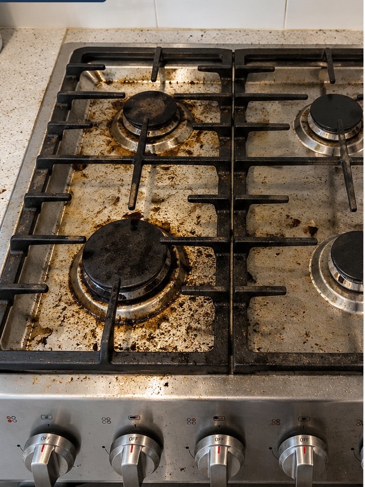 Greasy commercial stovetop before a degrease
