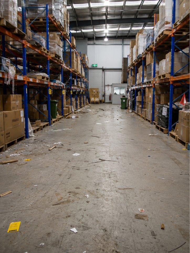 Messy warehouse floor before cleaning